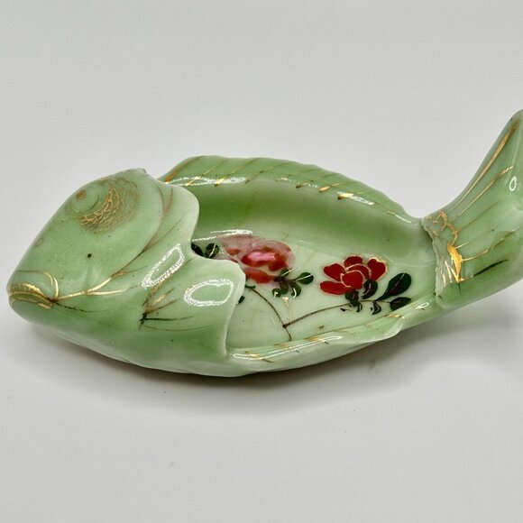 Antique Chinese Hand-Painted Fish Shaped Ceramic Dish Qing Dynasty Green - Picture 1 of 10